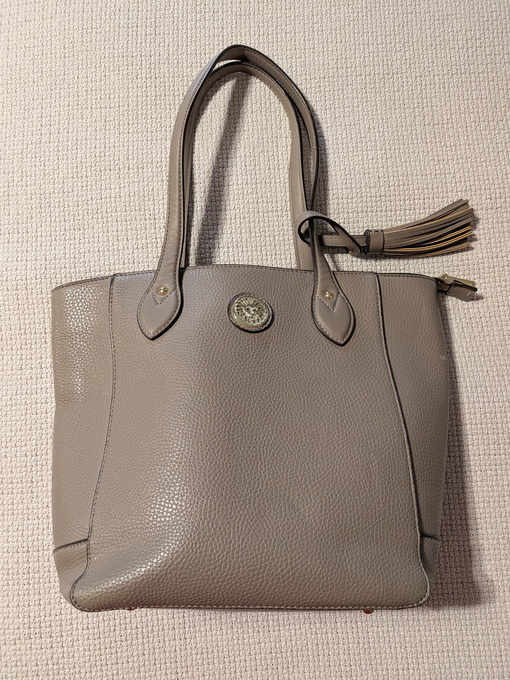 Anne Kline Pebbled Leather Taupe Tote with Tassel Accent